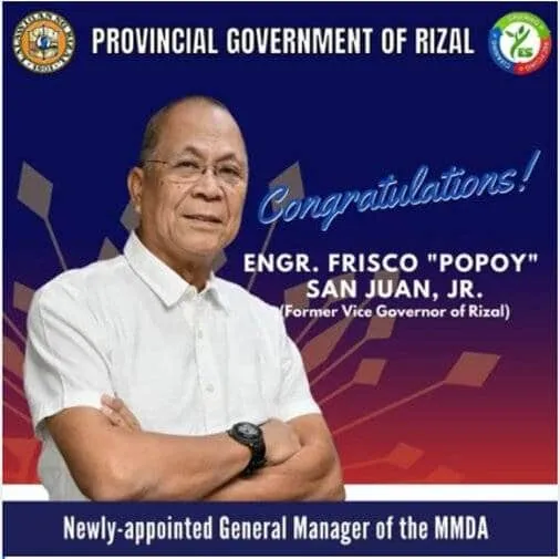 Rizal provincial government congratulates former Vice Gov. San Juan Jr. for his appointment as new MMDA general manager