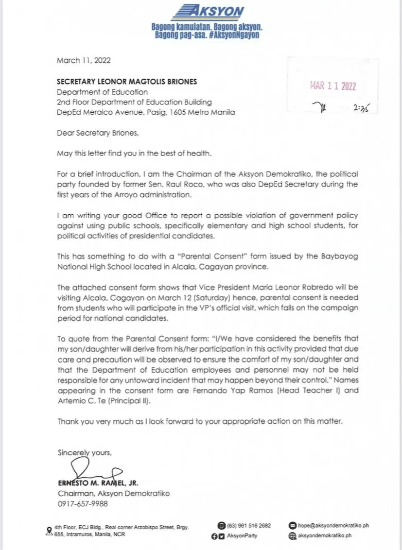 Aksyon Demokratiko seeks DepEd report on the use of a public school for a Leni-Kiko campaign rally in Cagayan