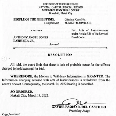 Lawyer says Tony Labrusca cleared in 'acts of lasciviousness' case