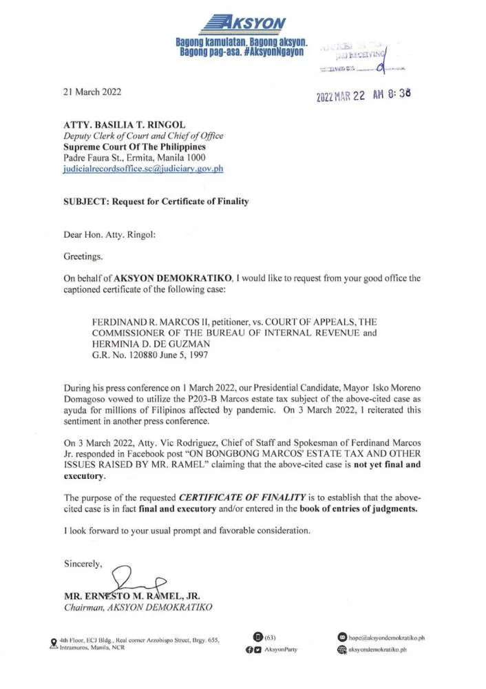 Mayor Isko’s camp requests SC for certificate of finality on Marcoses’ P203-B tax debt