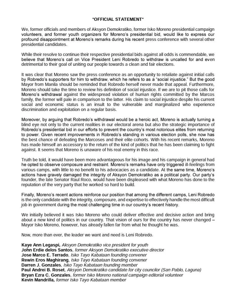 Ex-Aksyon Demokratiko officials, volunteers express 'profound disappointment’ over Mayor Isko’s #WithdrawLeni call