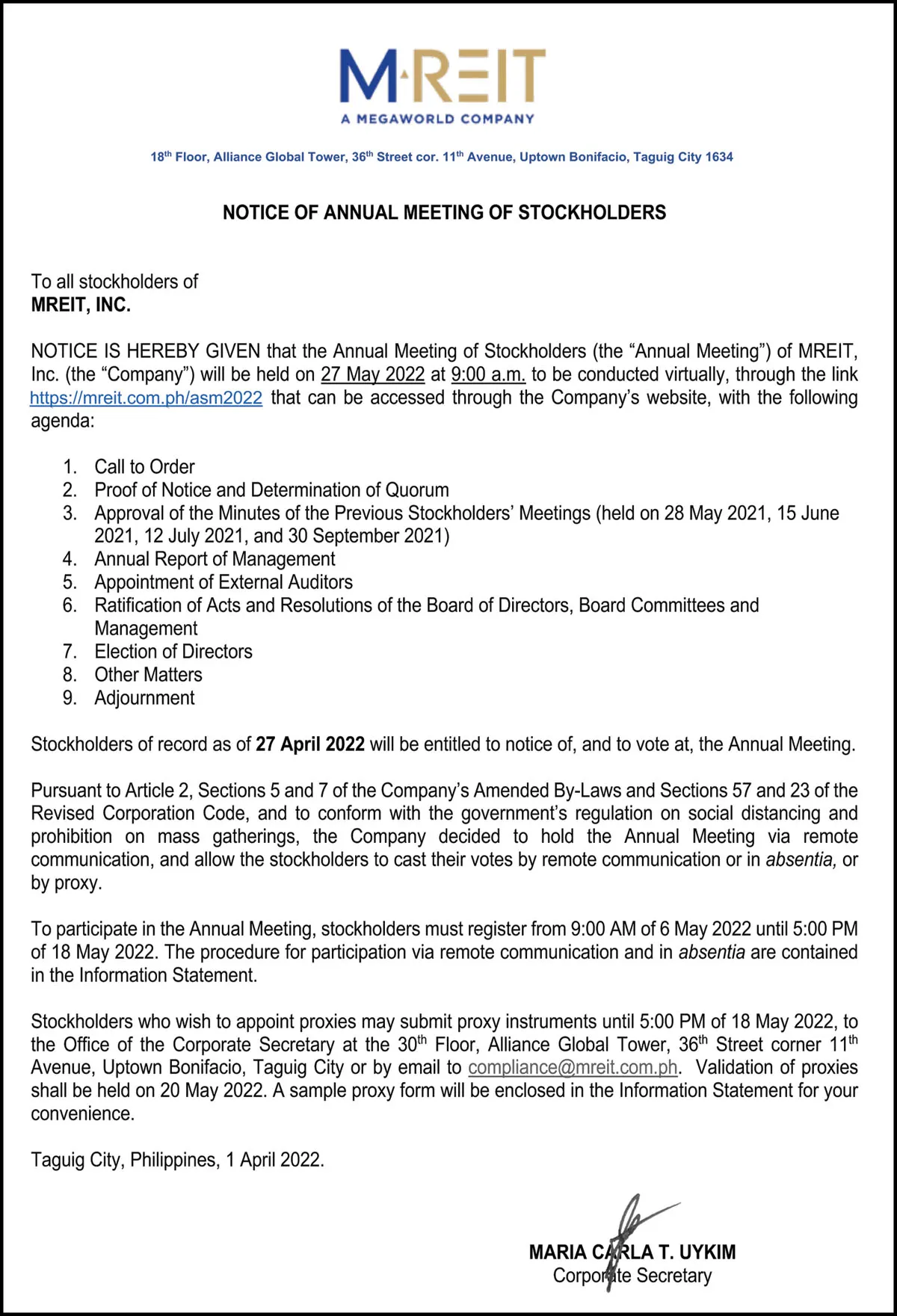 Notice of Annual Stockholders’ Meeting of MREIT, Inc.