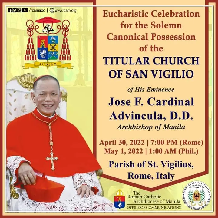 Advincula to take canonical possession of his titular church in Rome, Saturday